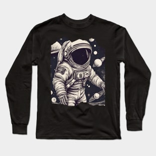 Floating Astronaut in Space Spacesuit Stars Planet Long Sleeve T-Shirt